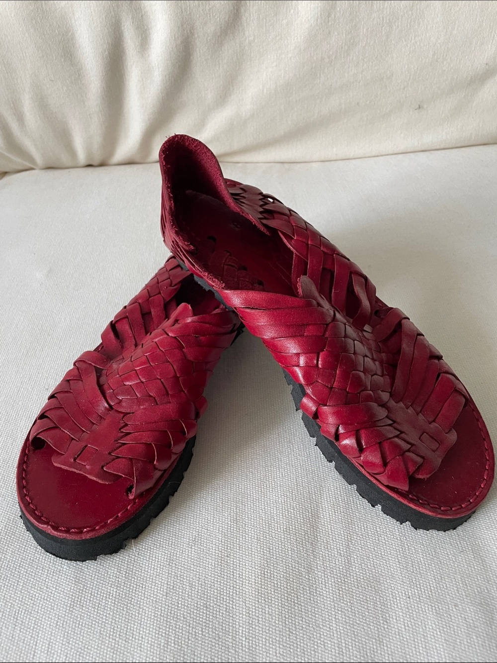 Woven Leather Slide Sandals in Burgundy - Women's